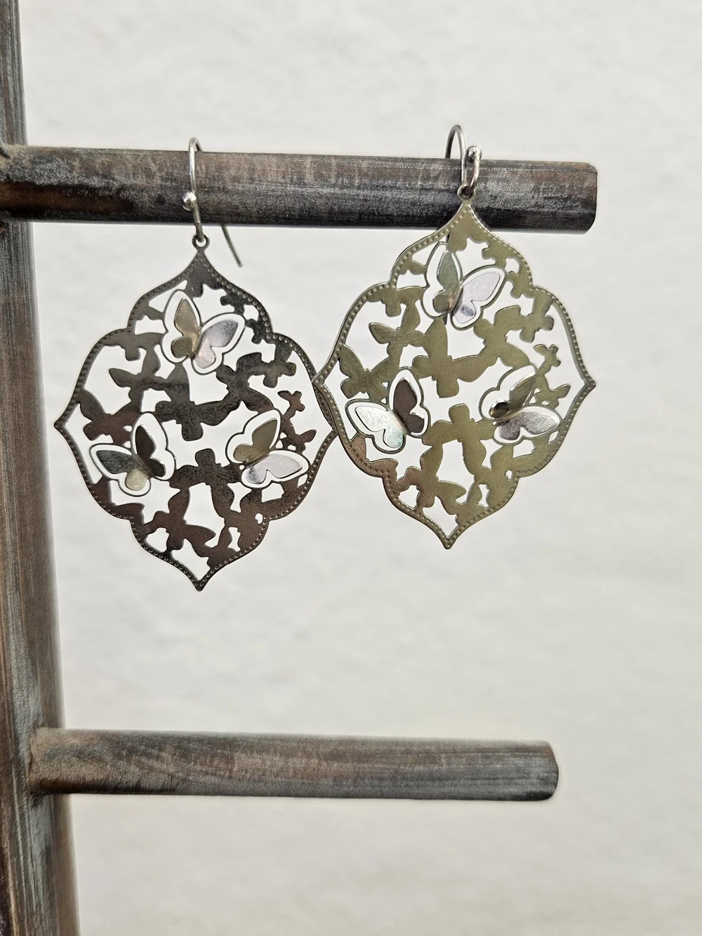 Butterfly Cutout Filigree Drop Earrings - Silver Tone